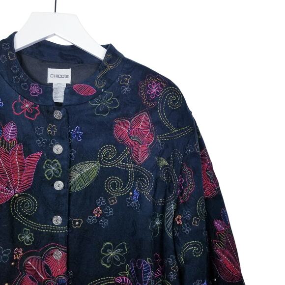 CHICO'S Bali Night Black Floral Embroidered Sarah Jacket Artsy Chico's 3 (XL) 16 - Picture 2 of 10